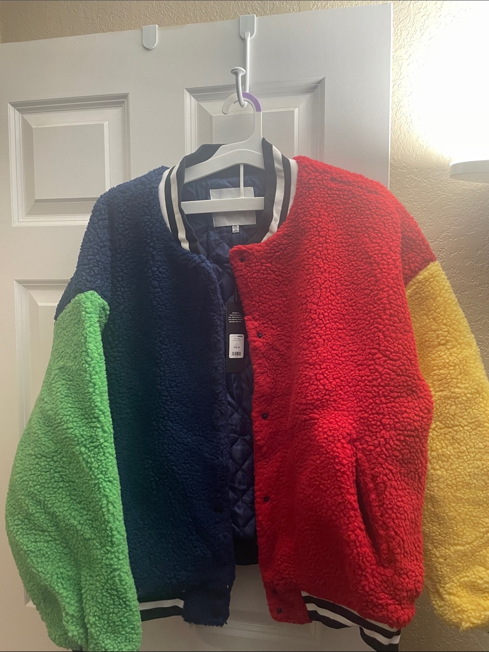 Fashion Nova Colorblock Sherpa Jacket - Red, Navy, Green, Yellow